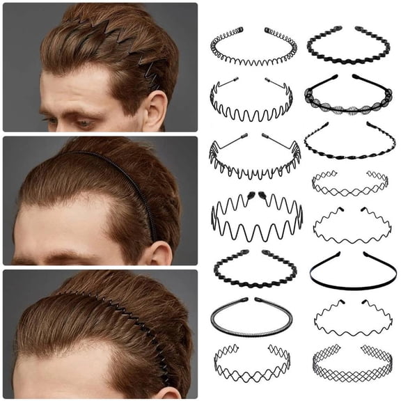 15Pcs Metal Hair Bands, Men's Wavy Spring Headbands, Fashion and Elastic Hair Hoops for Sports and Beauty Care, Black