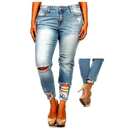 Jack David Womens Plus Size Stretch Distressed Ripped Blue Skinny Denim Jeans (Best Plus Size Skinny Jeans Uk)