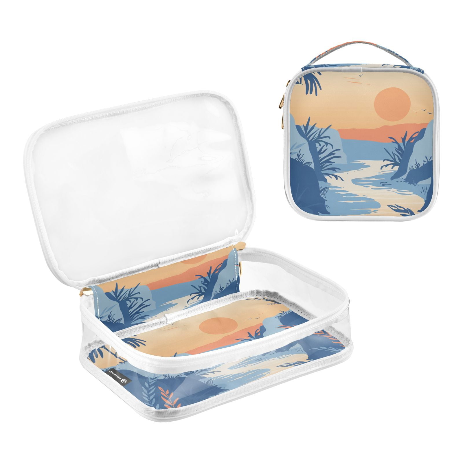Clear Makeup Bags with Handle Large Opening 2 Pack Set Toiletry Bag Quart Size Bag, for Women Man Traveling Travel Essentials, Toiletries and Other. Hand Drawing River