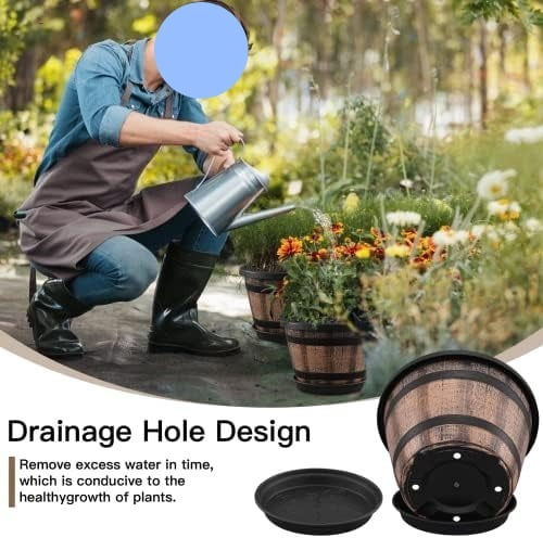 3 Pack 10 inch Plant Pots,Whiskey Barrel Planters with Drainage Holes & Saucer, Plastic Decoration Flower Pots Imitation Wine Barrel Design, for Indoor & Outdoor Garden Home Plants (Brown)