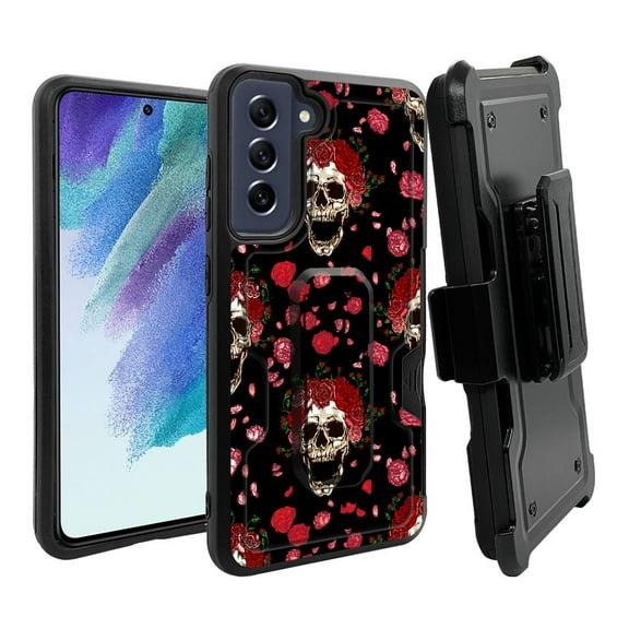ANJ  Rugged Dual Layer Hybrid Holster Kickstand Case w/ Card Slot   Tempered Glass Cover for Samsung Galaxy S21 FE 5G - Red Flowers Skulls