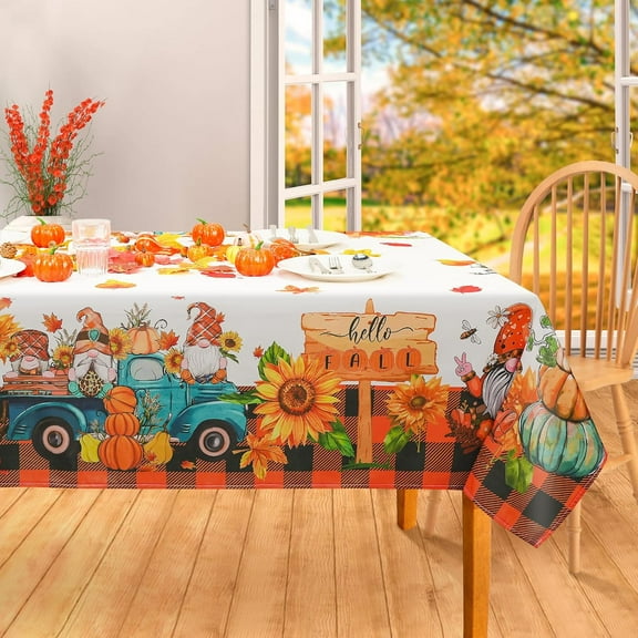 Fall Thanksgiving Tablecloth 60"x84" Rectangular,Fall Harvest Kitchen Decor,Autumn Cute Gnome Truck Table Cover for Home Dinner Party Picnic