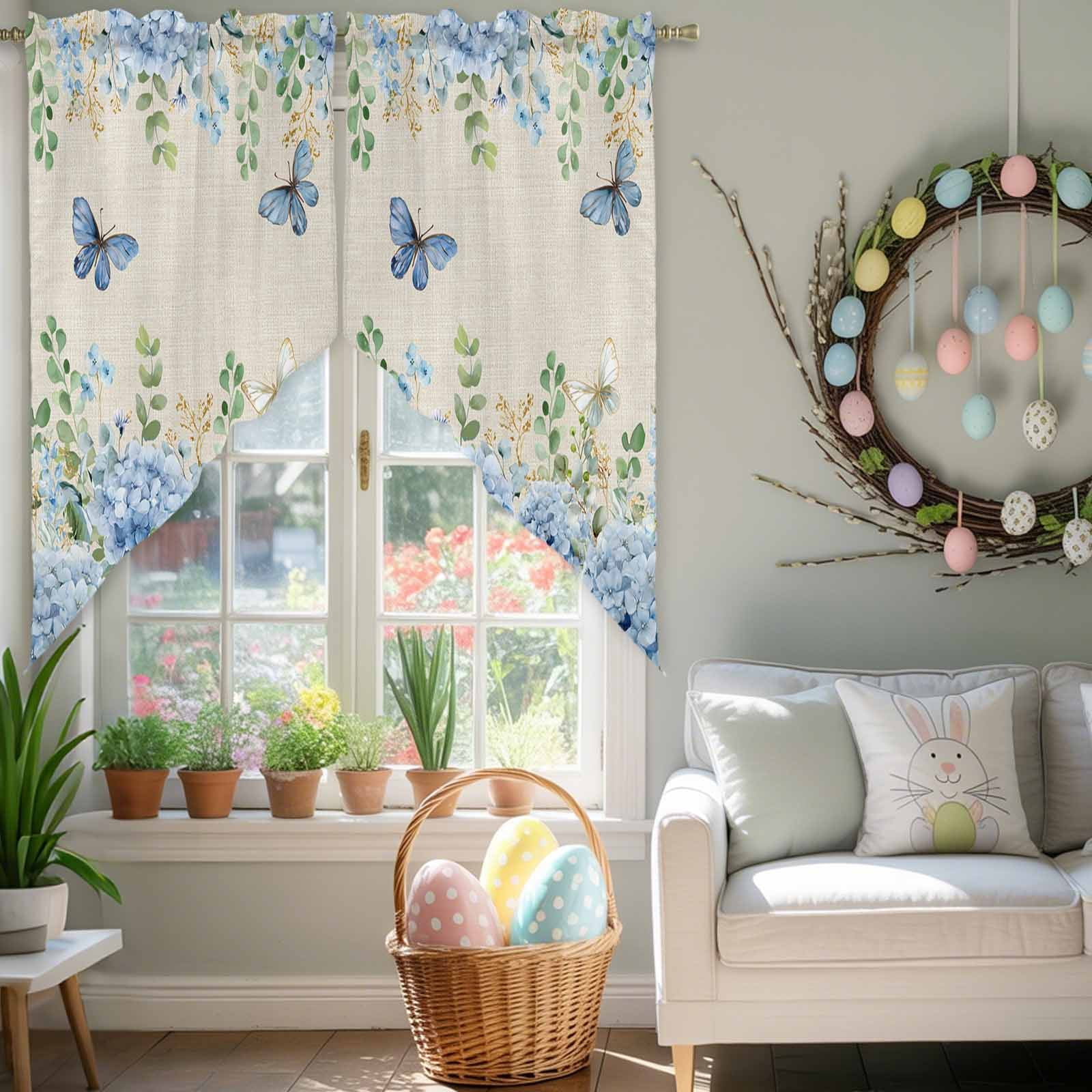 Blue Hydrangea Swag Kitchen Curtain Valances, Rustic Summer Blue Floral Butterfly Linen Texture Rod Pocket Curtains Window Treatment Decor Valances for Bedroom Bathroom, 2 Panels 36 x 36 Inch
