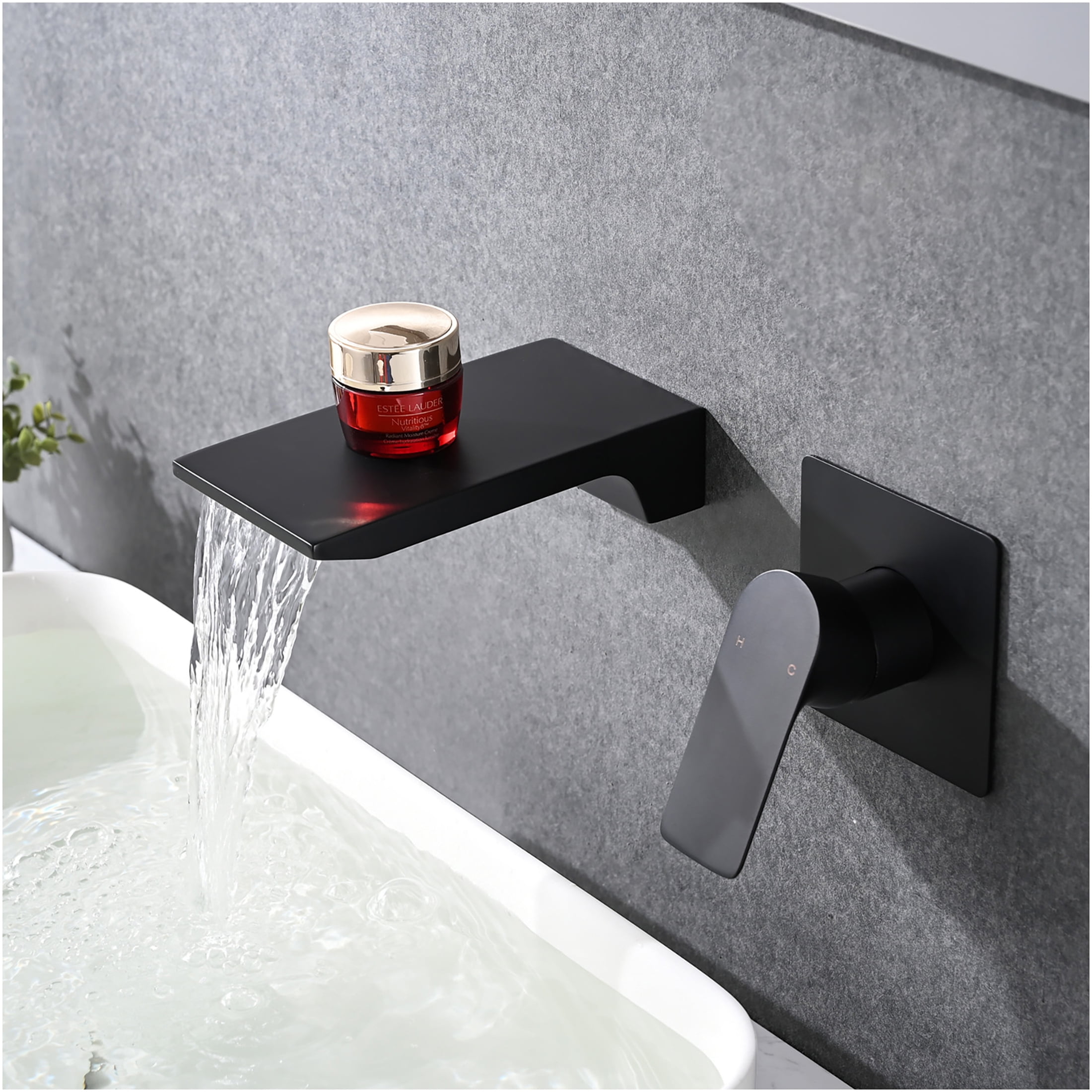JERFIT Matte Black Wall Mount Waterfall Tub Faucet, Single Handle Bathtub Faucet with Rough-in Valve, Modern Bathroom Sink Faucet in Stainless Steel