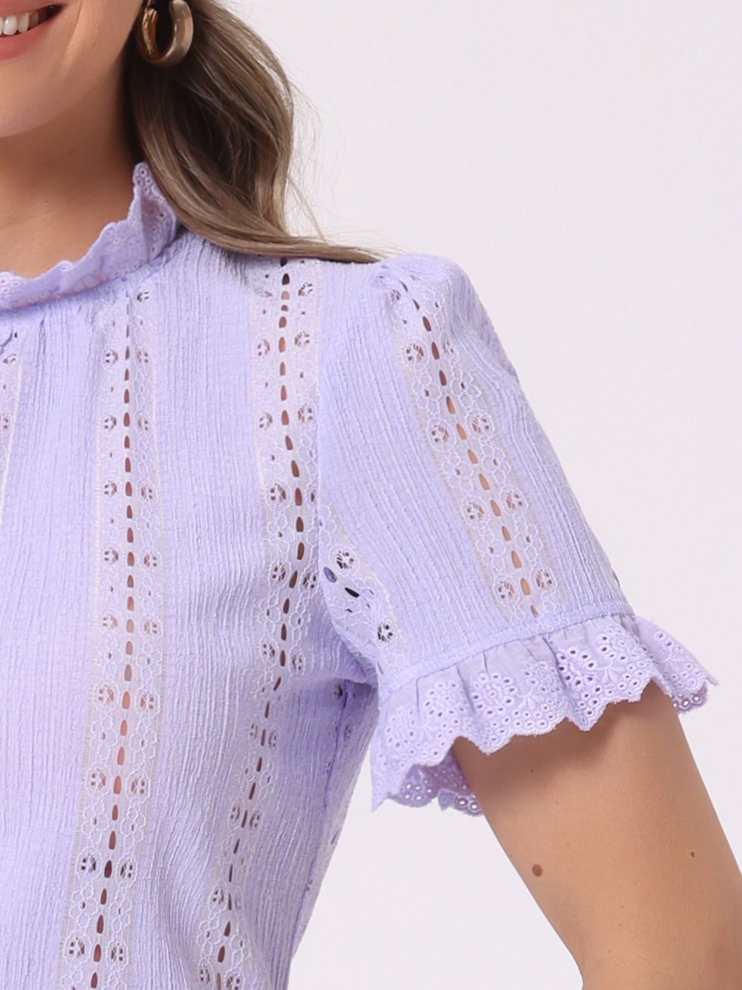 DARING DIVA Women's Mock Neck Puff Sleeve Ruffle Crochet Eyelet Tops S Light Purple