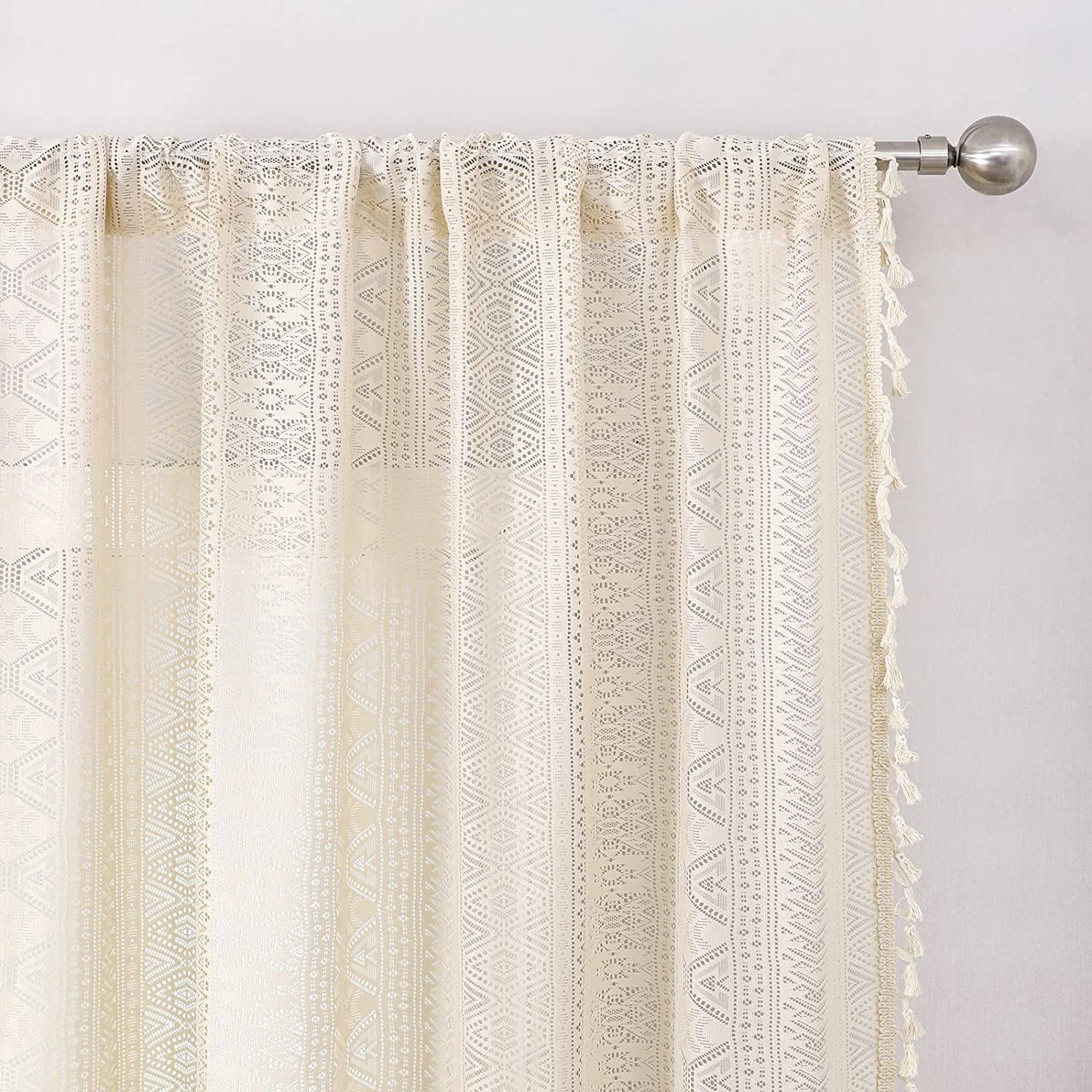 Bohogeo Beige Linen Tassel Sheer Lace Curtain Panels, Chic Crochet Farmhouse Rod Pocket Window Curtain Drapes for Living Room/Bedroom,2 Panels, Beige, 84"L x 40"W
