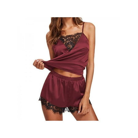 

Women s 2PCS Sexy Lace Satin Silk Lingerie Nightwear Pajamas Set
