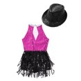 thumbnail image 4 of YONGHS Kids Girls Sequins Tassel Hem Dress Rumba Samba Salsa Cha Cha Latin Jazz Leotard with Hat Set Hot Pink&Black 6, 4 of 5