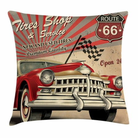 Shop Throw Pillows Cars Throw Pillow Cushion Cover, Tires Shop and Service Route 66 Emblem Advertisement Retro Style Poster Print, Decorative Square Accent Pillow Case, 18 X 18 Inches, Red Grey Sepia, by Ambesonne ()