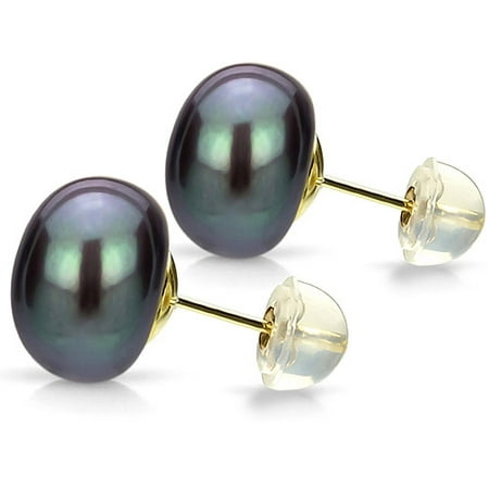 10-11mm Black Cultured Freshwater AAA High-Luster 14kt Yellow Gold over Silver Earrings with Beautiful Gift Box