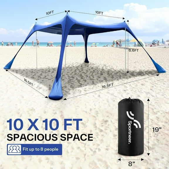 Beach Tent, 10x10FT Beach Canopy Sun Shelter UPF50  with Sandbags, Sand Shovels, Ground Pegs & Stability Poles - Navy Blue