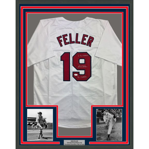 Collectible Framed Autographed/Signed Bob Feller 35x39 Cleveland White Baseball Jersey JSA COA