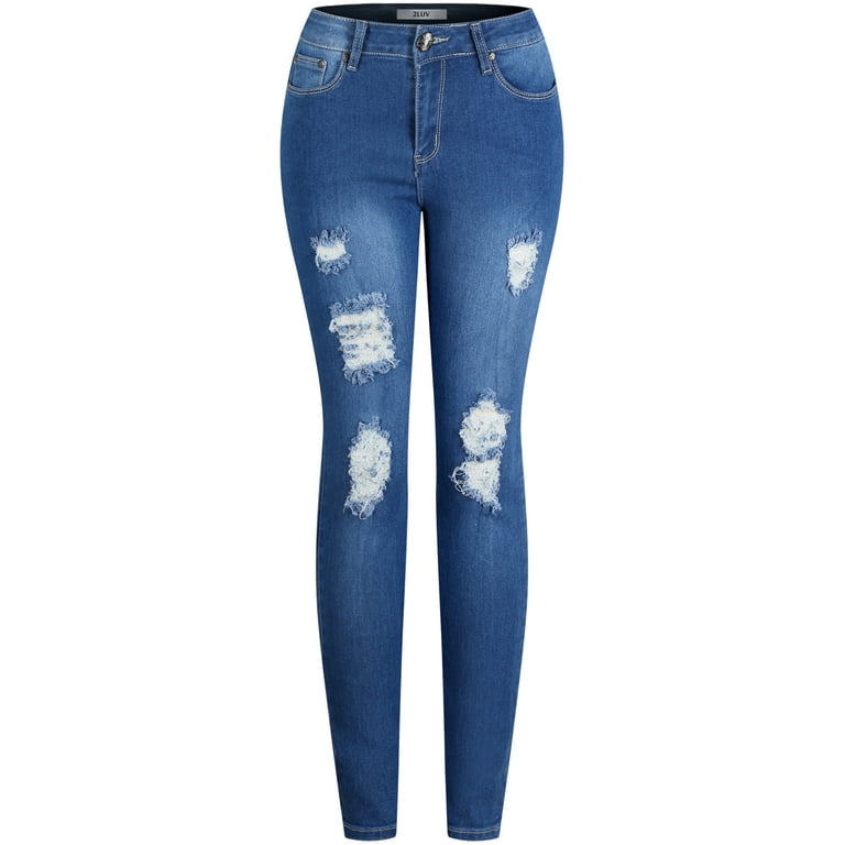 2Luver Women s Stretchy 5 Pocket Destroyed Blue Denim Skinny Jeans Blue Denim 11 Walmart