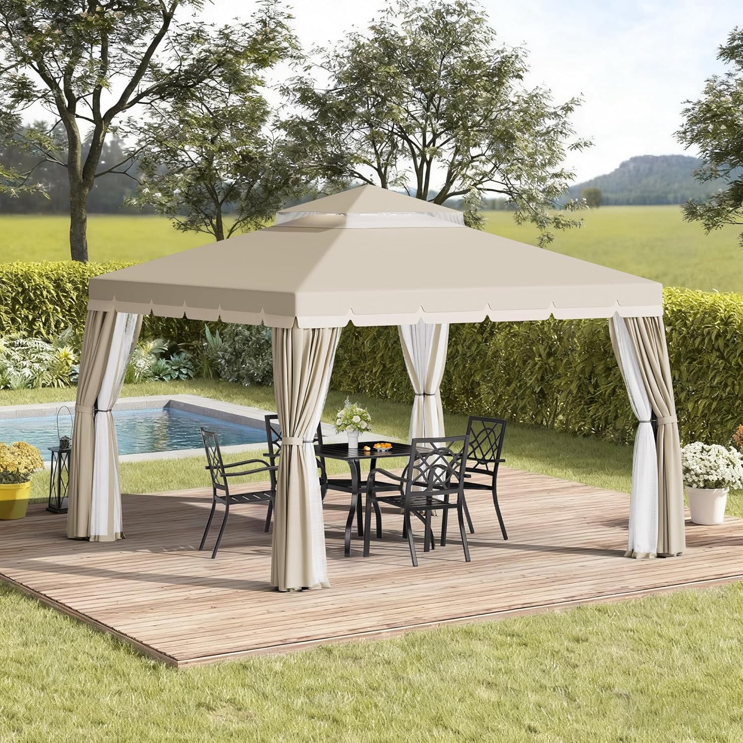 SOLAURA 10 x 10 ft Outdoor Patio Gazebo, Patio Canopy Shelter with Vented Soft Top, Breathable Mosquito Netting & Privacy Curtains, Beige