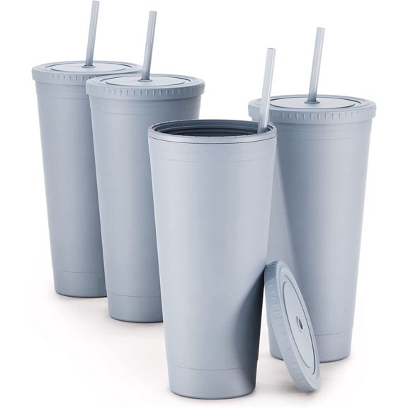 Maars Acrylic Travel Tumbler with Lid and Straw 32oz Premium Insulated Double Wall XL Plastic Reusable Cups - Matte Dusty Blue, 4 Pack 4 Pack Matte Dusty Blue