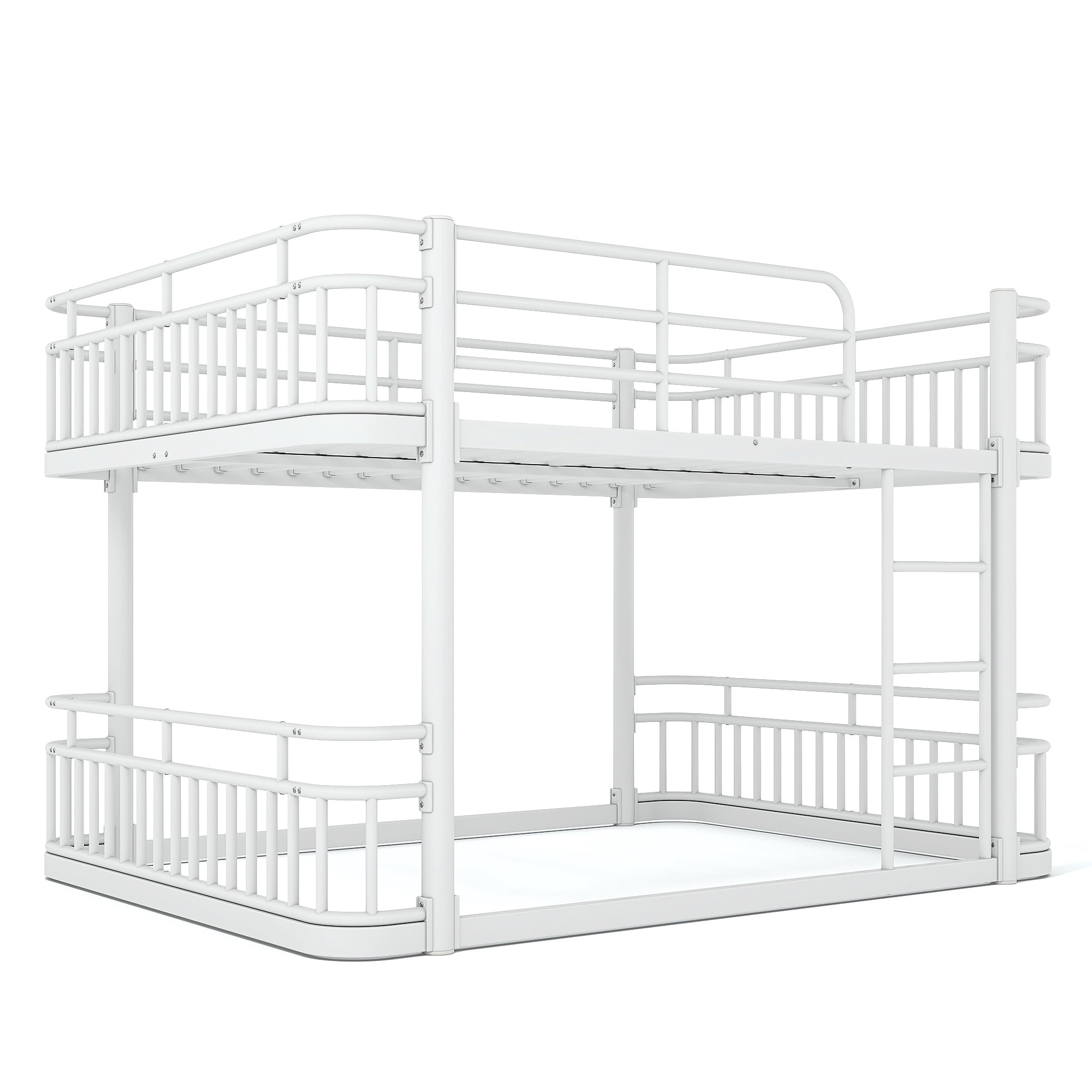 Queen Over Queen Bunk Bed 81.5 Inch, Metal Bed Frame with Ladder and Guardrails for Kids Teens Adults, Sturdy Round Pipe Construction, No Box Spring Needed, White