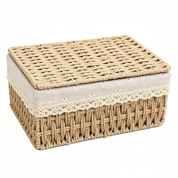 Wicker Storage Baskets with Liner for Counter,Rectangular Paper Rope Woven Baskets for Organizing, Boho Decorative Boxes for Organizing and Home Decor 1pcs