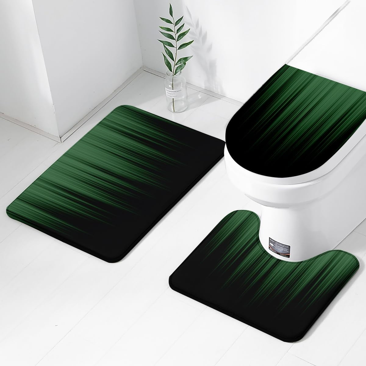 4 Piece Green and Black Shower Curtain Set Ombre Abstract Striped Mens Gothic Boys Modern 72Wx72L Curtains Decor with Non-Slip Rugs, Toilet Lid Cover and Bath Mat Bathroom Accessories