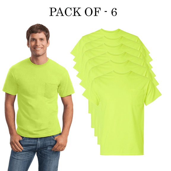 Gildan High Visibility Safety Pocket T-shirt for Man | Hi Vis Short Sleeve Safety Green Tee 6 oz, 50/50 Cotton/Polyester, Classic fit Pack-6, Size S