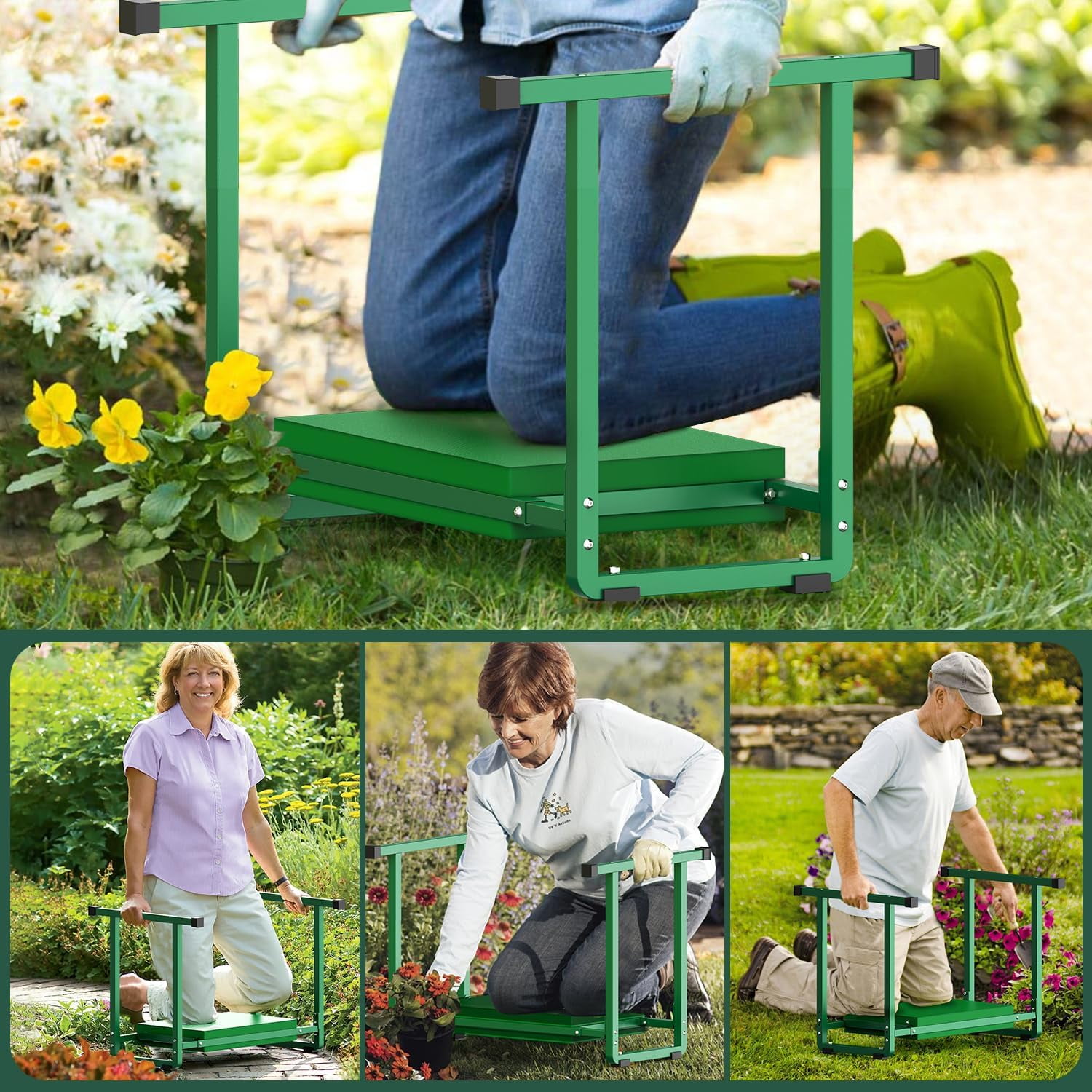 Garden KneelersSeat, Stable and Save Anti-Tipping Design 10.2" Wider Garden Kneeler and Seat with Handle, Heavy Duty Gardening Stool for Seniors, Gardening Weeding Bench for Gardeners Parents - Green