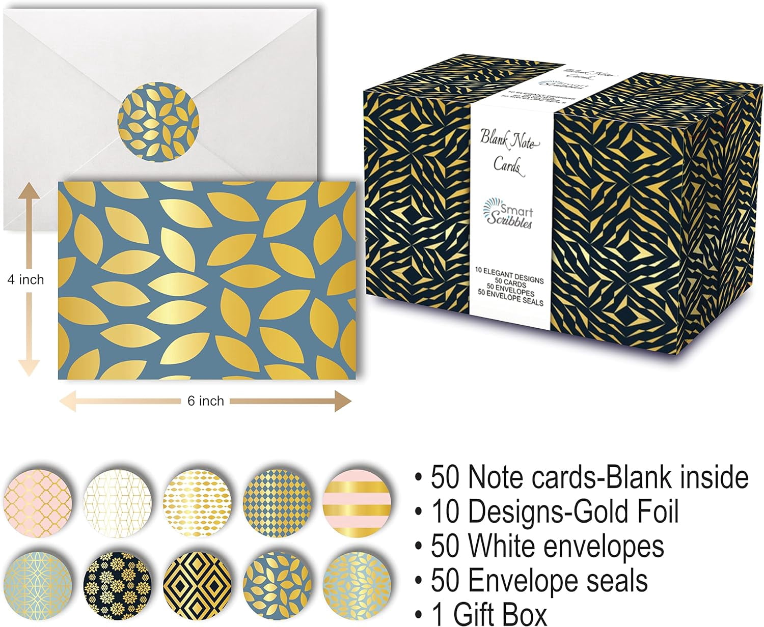 Smart Scribble 50 Blank Cards and Envelopes, Assorted Greeting Cards for All Occasions, 4x6” Blank Note Cards with Envelopes and Matching Stickers- 10 Elegant Designs, Thank You Card Assortment Pack,