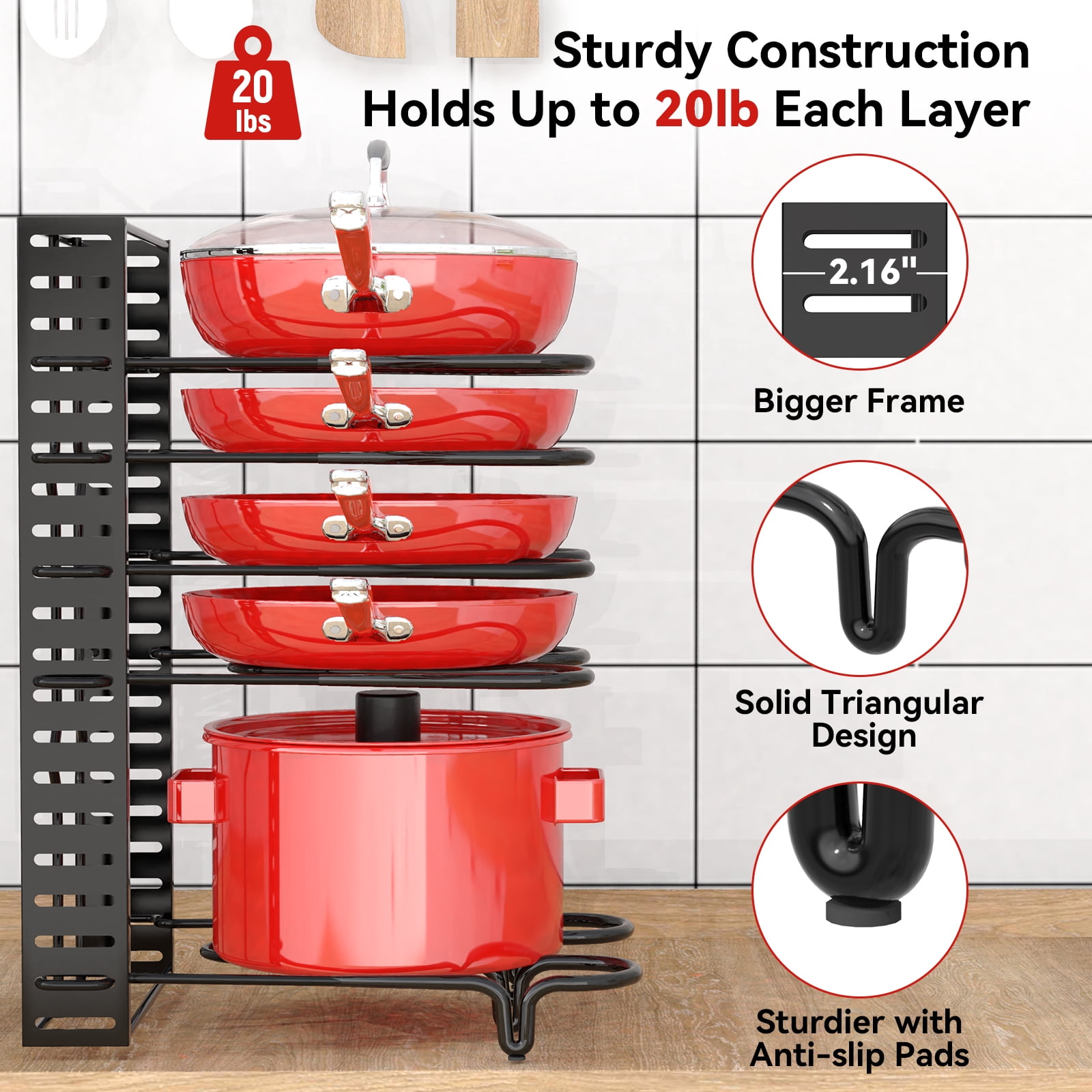 Behost 8 Tiers Pots and Pans Organizer, Adjustable Pot Rack with 3 DIY Methods for Cabinet Kitchen Organization Storage