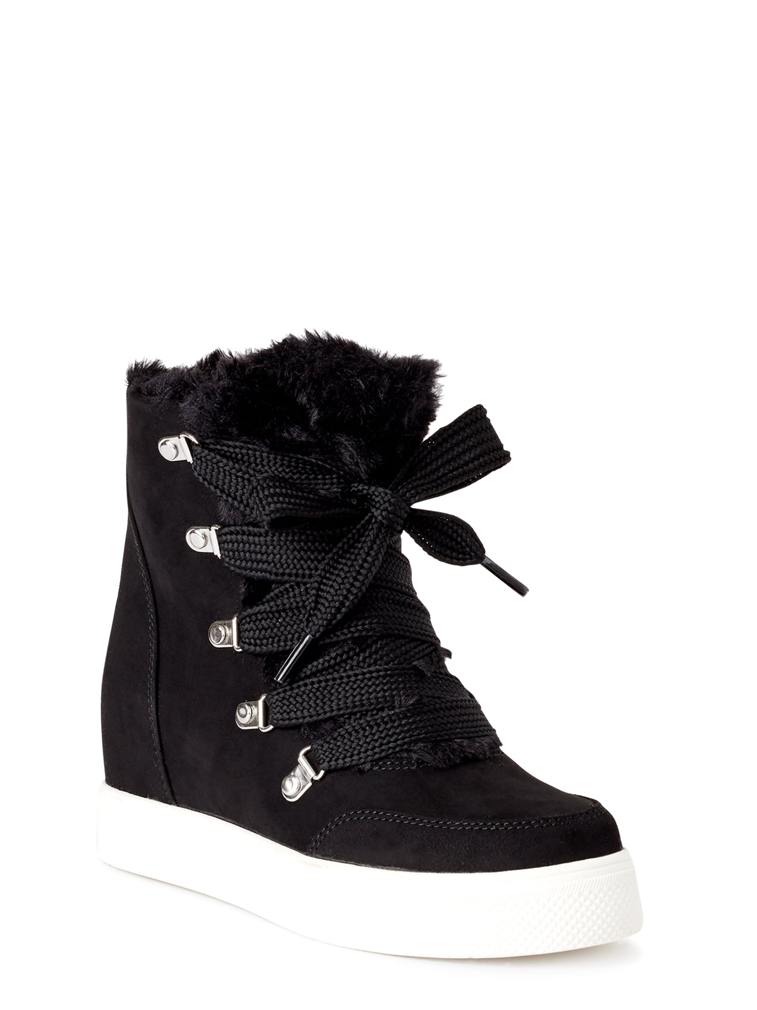 black lace up boots with fur