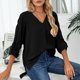 thumbnail image 3 of Blusa de gasa con mangas enrollables, blusa informal con cuello en V y mangas enrollables para mujer, camisa de gasa plisada, solución innovadora, 3 of 6