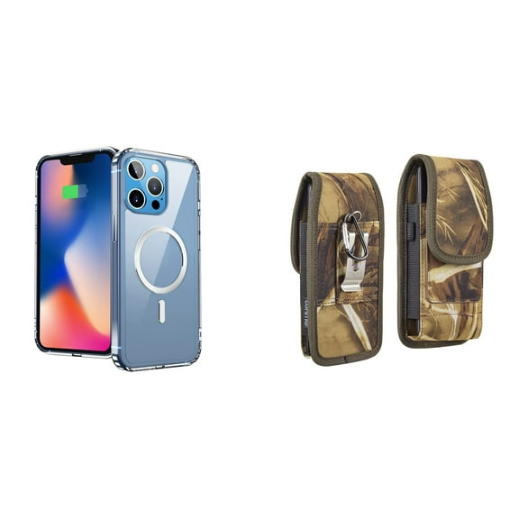 Ultra Clear Case (MagSafe Compatible) and Belt Holster Pouch for Apple iPhone 14 Pro Max (Black/Camo)
