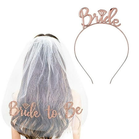 

BRIDE TO BE ACCESSORIES VEIL ROSE GOLD TIARA FLORAL SASH HEN PARTY NIGHT TEAM