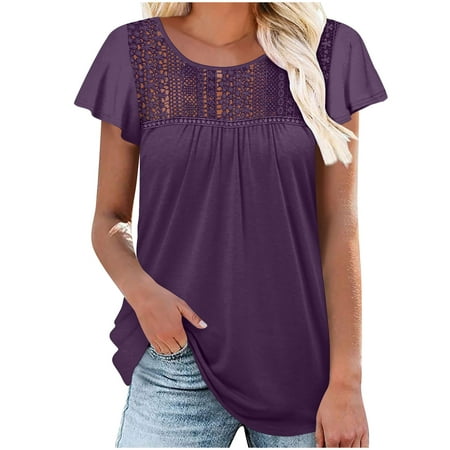 Olyvenn Womens Summer Ruffle Short Sleeve Lace Crochet Blouses Flowy Babydoll Dressy Casual Business Work Tops Purple 8