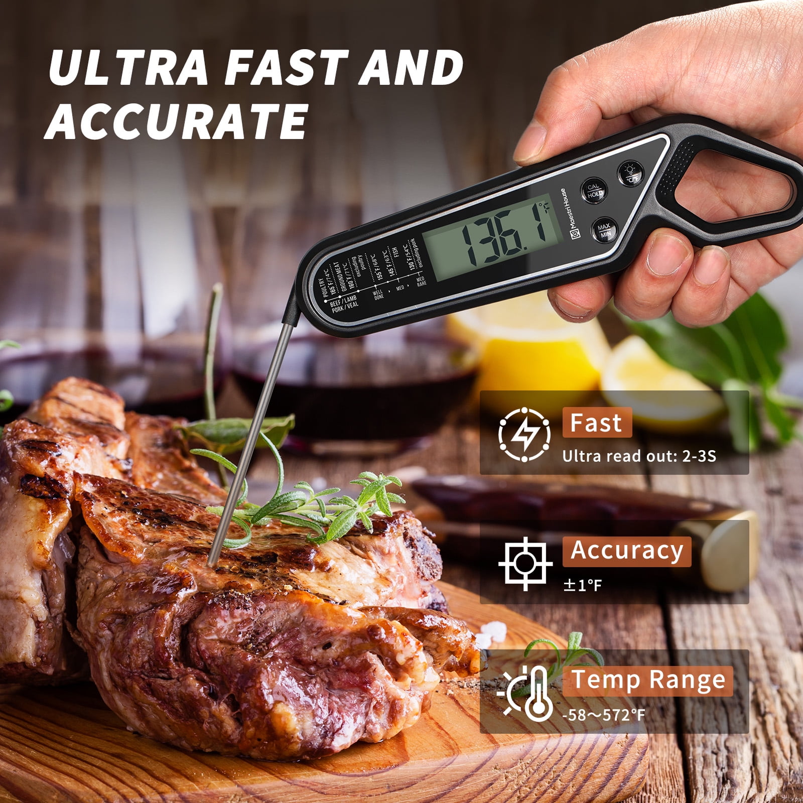 Kitchen Thermometer, LCD Display Meat Thermometer Small Error High  Stability Stainless Steel Probe Memory Function Digital For Kitchen For  Grilling 