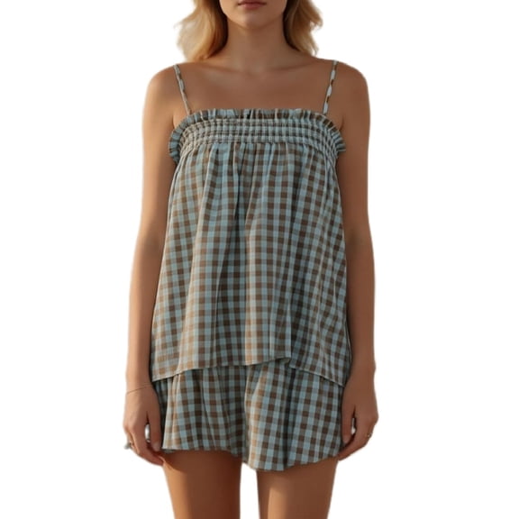 Evdexr Plaid Pajama Sets for Women Ruffle Hem Strap Babydoll Cami Top Wide Leg Shorts Set 2 Piece Loose Fit Lounge Suits Outfit Mint Green M