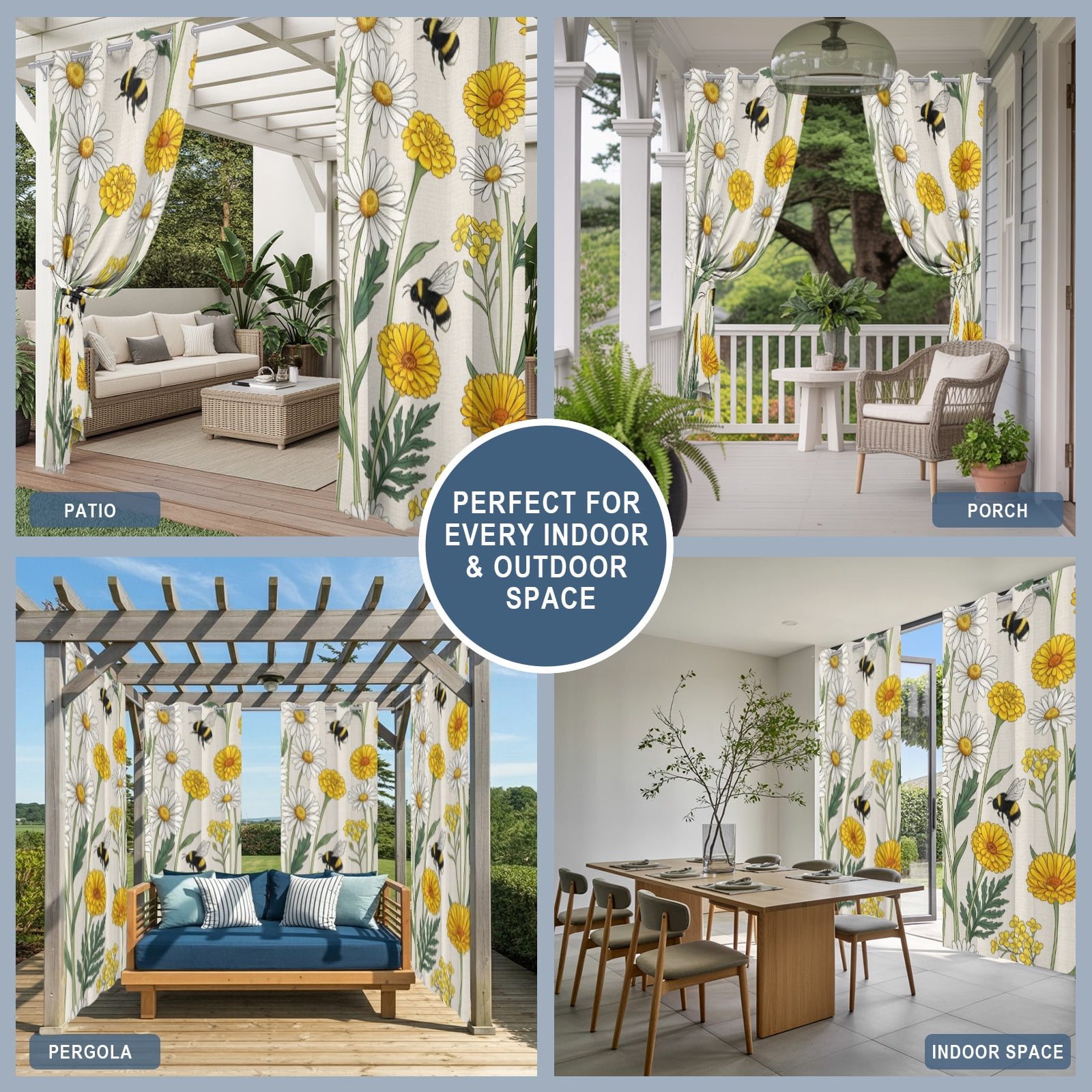 Summer Daisy Outdoor Curtains for Patio, Rustic White Yellow Flower Bee Pastoral Floral Sunshade Privacy Drapes Grommet Waterproof Outside Curtains for Porch/Cabana/Balcony 54"x 108", 2 Panel