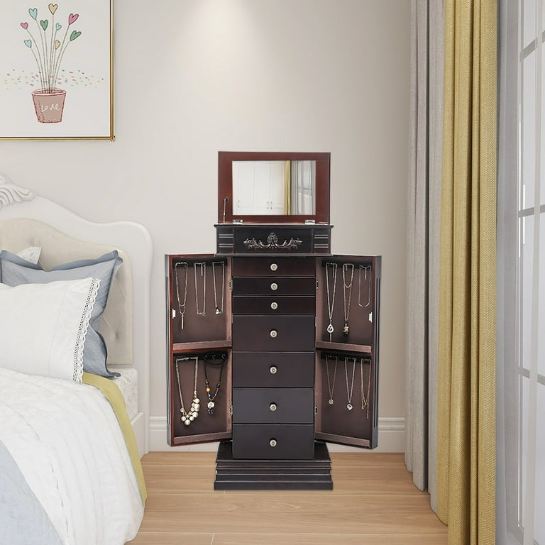 Wooden Jewelry Armoire Cabinet Storage Chest with Drawers and Swing Doors -  Costway