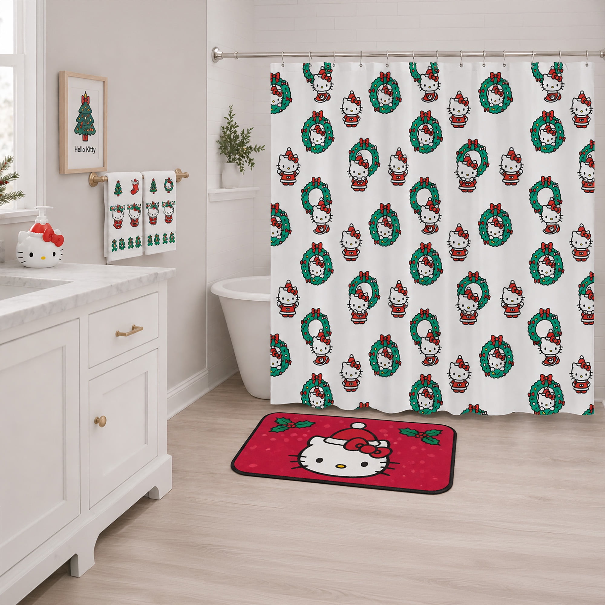 Hello Kitty Christmas Wreath Fabric Shower Curtain, 72 x 72