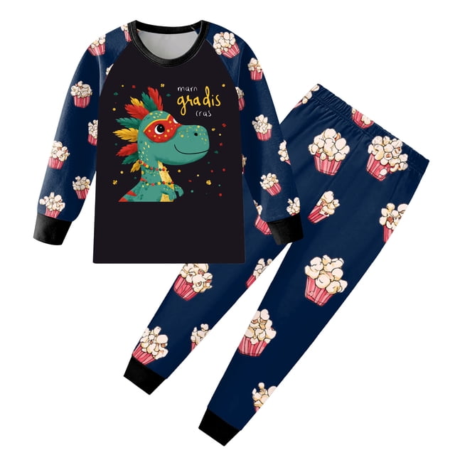 Caqnni Children's All-Day Play Set 2 Piece Soft Cotton Outfit with Long Sleeves, Suitable for Spring Summer Fall, Vibrant Patterns(Black,4-5 Years)