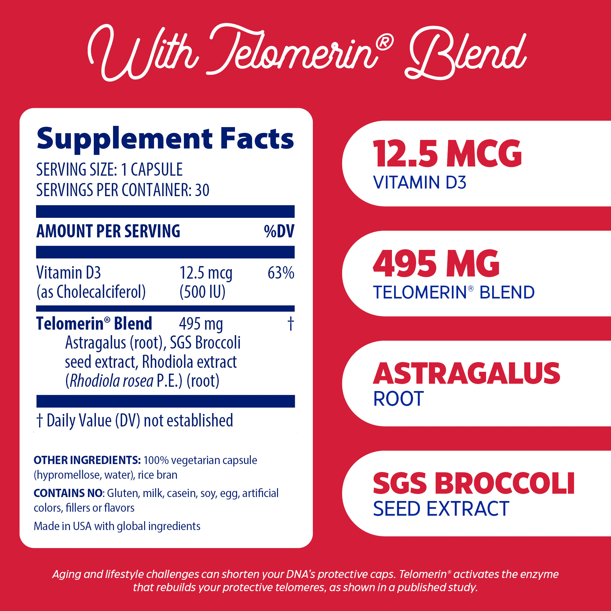 Enzymedica, Telomere Plus, Supports Healthy Aging, Cellular Health and Energy with Vitamin D3, Rhodiola and Astragalus, Vegetarian, 30 capsules (30 servings)