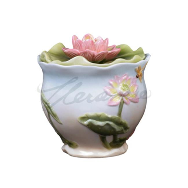 6 Inch Pale Blue and White Glazed Porcelain Pink Lotus Sugar Bowl