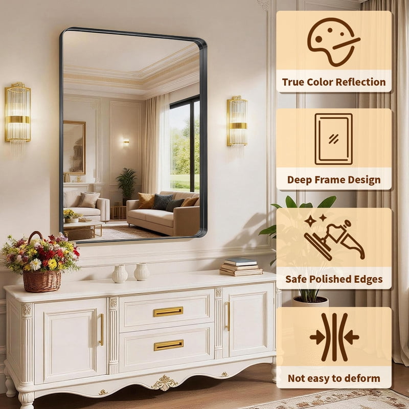 Easy4Home 40"x 30" Rectangular Bathroom Vanity Mirror with Round Corner Deep Frame Wall Mirror, Black