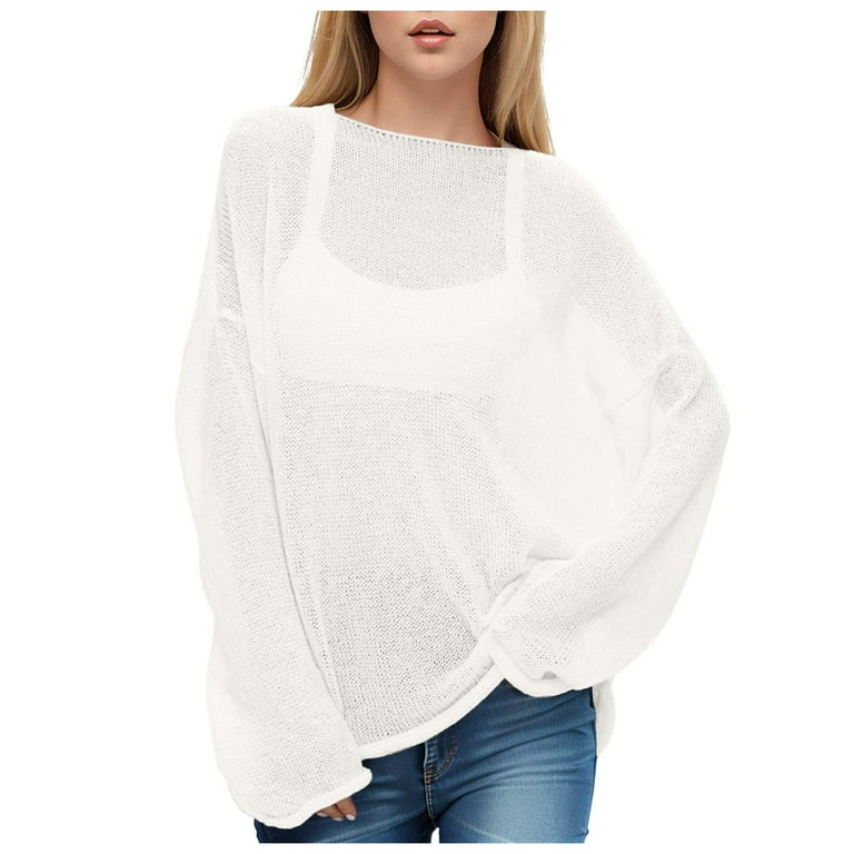 【2plan】Mesh Warmer Over Knit Women Sheer Mesh Knit Sweater Tops Oversized Long Sleeve O