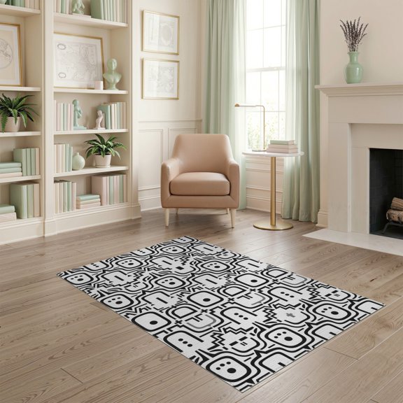 ODIKA 4'x6' Black White Geometric Medallion Washable Area Rug Bold Contemporary Abstract Motif Design Stain Resistant, Low Pile, Easy Care for Dorm Room, Small Living