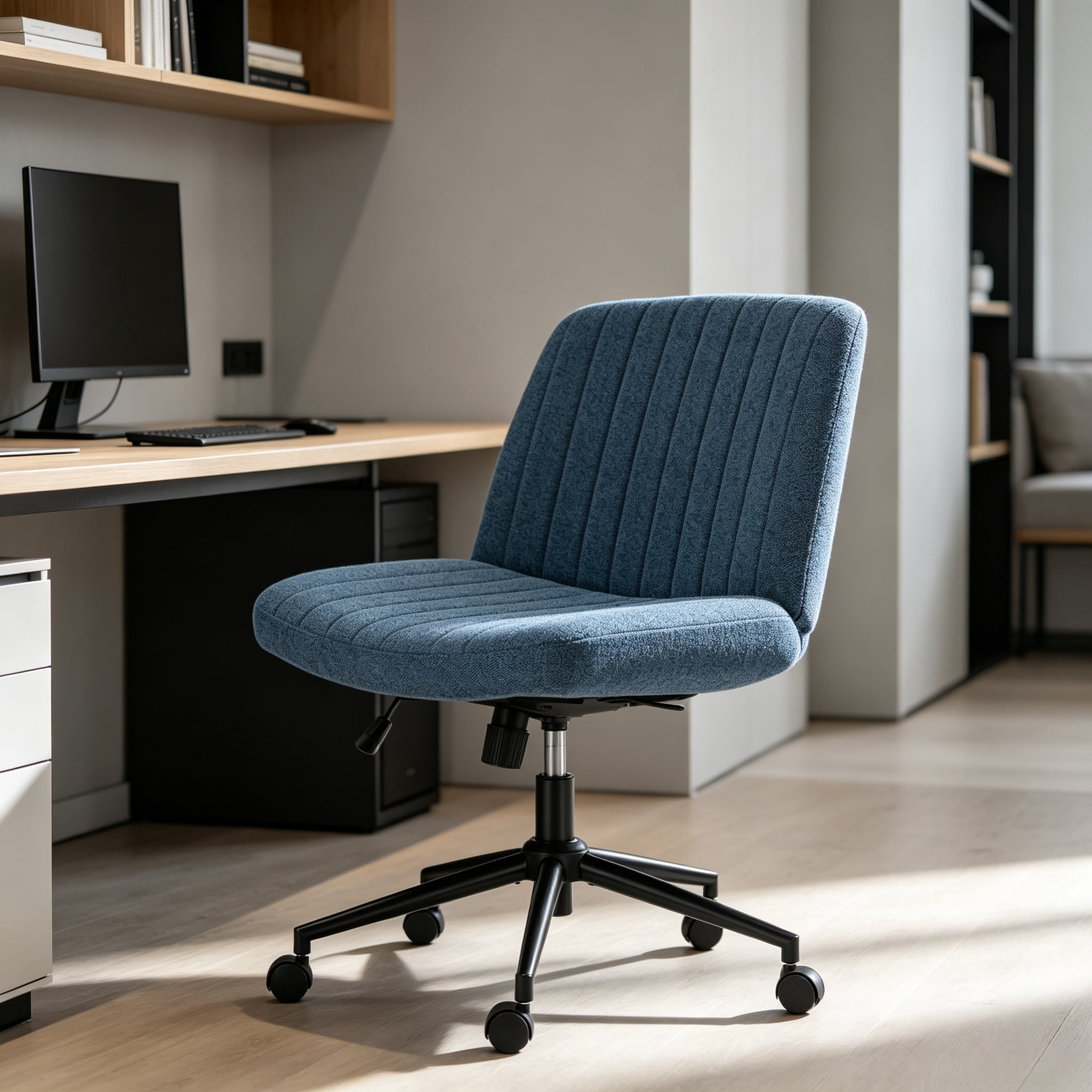 Office Desk and Vanity Chair, Armless Cross-Legged Swivel Task Chair with Wide Fabric Seat, Height Adjustment, and Replaceable Wheels or Fixed Base