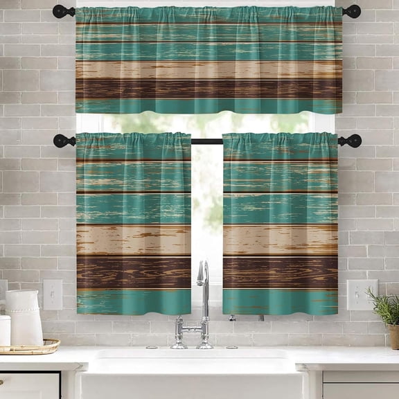 Kitchen Curtains Sets for Windows, 52x39 Inch, 3 Pack, Teal Rustic | Wooden Vintage Farmhouse Rod Pocket Cafe Curtain Drapes for Living Room Bedroom Bathroom Kitchen Over Sink Decor
