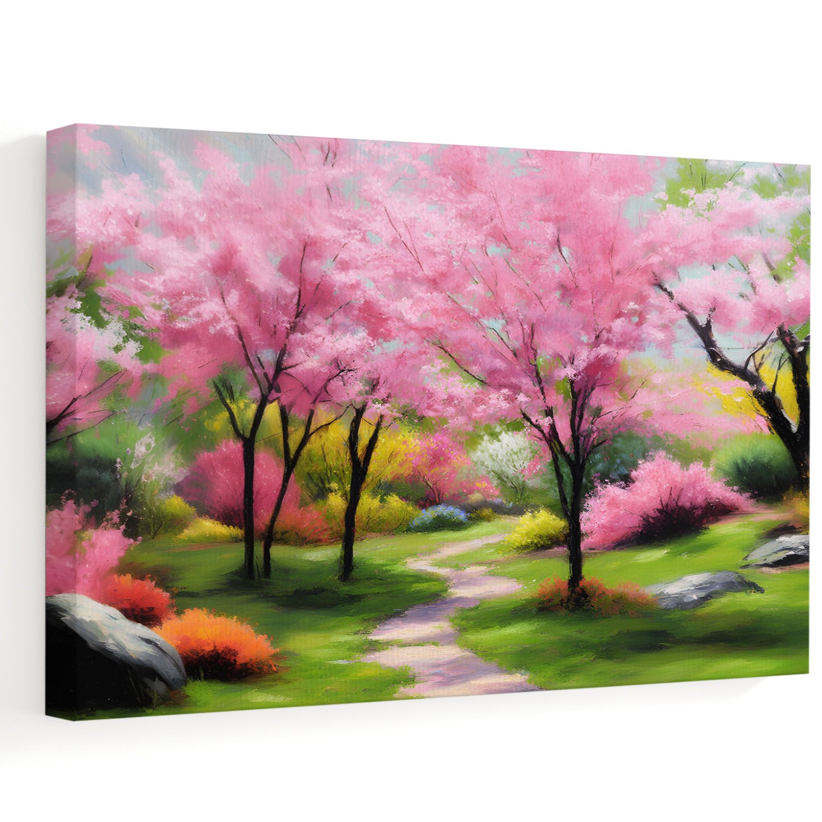 Forests Canvas Wall Art 12 x 8 Oil Painting Spring Pink Green Trees Grass Frame Picture Prints Ready to Hang Waterproof Artwork Decor for Bathroom Kitchen Corner Bedroom Entryway