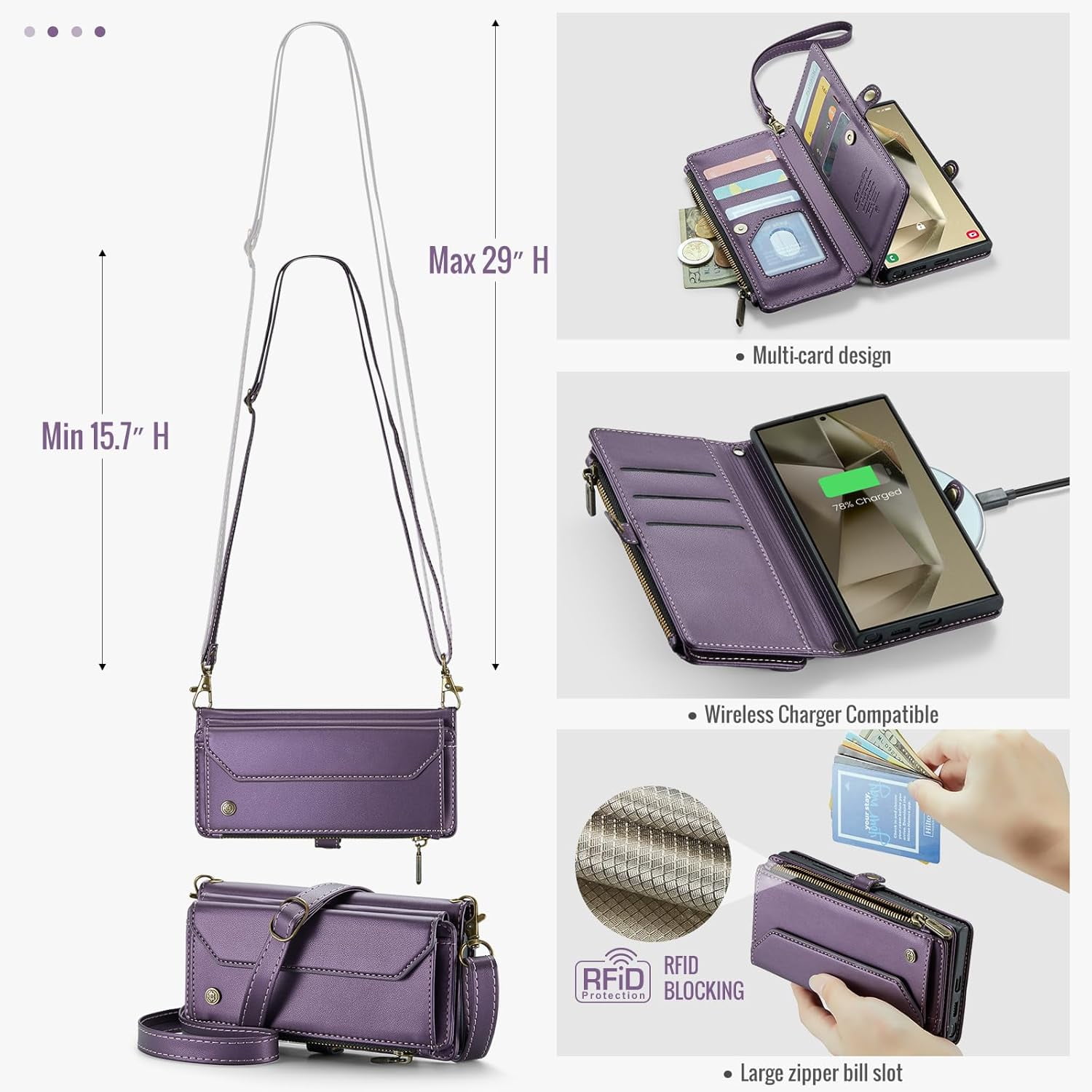 KOMI for Samsung S24 Ultra Case with RFID Blocking for Samsung Galaxy S24 Ultra Wallet Case for Women Men, PU Leather Magnetic Flip Strap Zipper Card Holder Phone Case for Galaxy S24 Ultra Purple