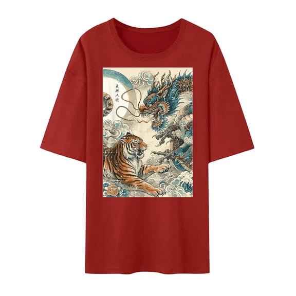 Rggeeun Men'S T-Shirts Fashion Traditional Style Tiger & Dragon Print Short Sleeve Crew Neck Knit Casual For Holiday Training Vintage Tee,Brick Red,L