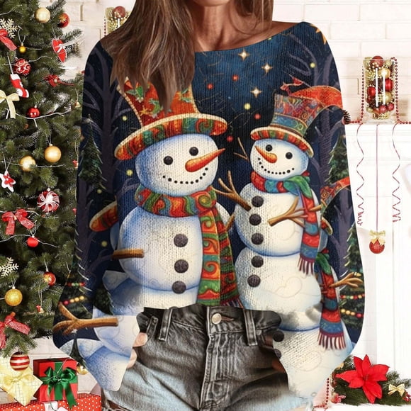 Fankiway WomensLong Sleeve T Shirts Women's Christmas Printed Casual Round Neck Long Sleeve Pullover Sweater Knit Pullover 2025 Fall Fashion Graphic Crochet Tops Hippie Clothes Multicolor L