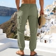 thumbnail image 6 of Wrtxtat Men's Linen Pants Drawstring Waist Joggers with Multiple Pockets Outdoor Travel Vacation Lounge Workout Trousers Green L, 6 of 10