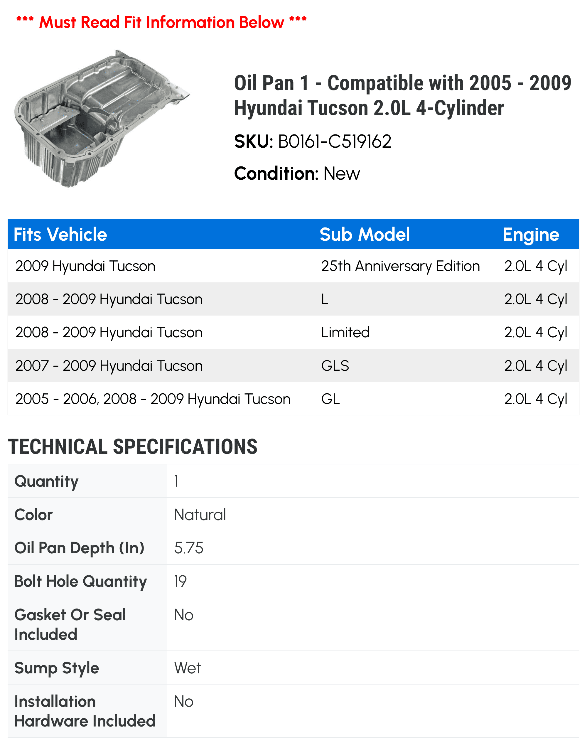 Oil Pan 1 - Compatible with 2005 - 2009 Hyundai Tucson 2.0L 4-Cylinder - Autopart Premium